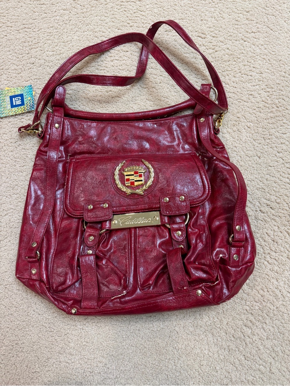 Cadillac Burgundy Shoulder Tote with Gold Emblem